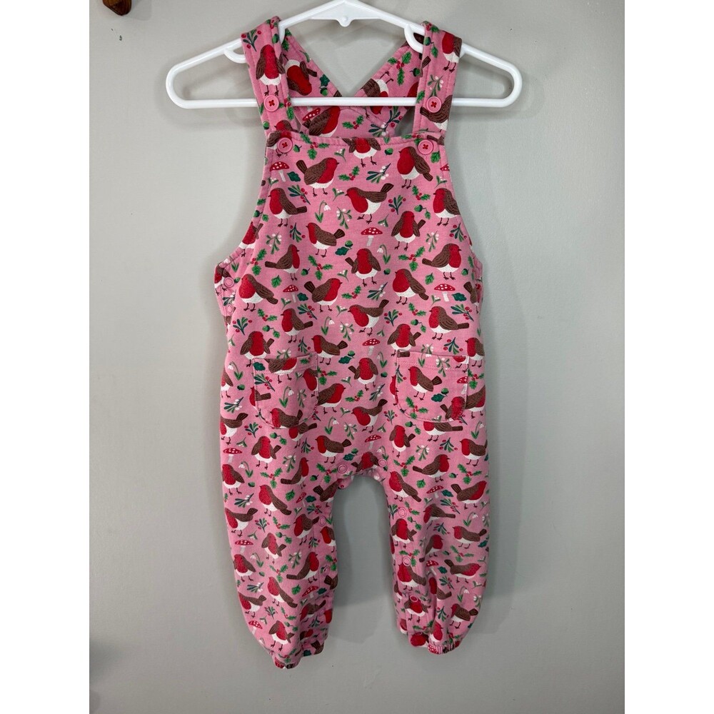Baby Boden Pink Jersey Robin Bird Mushroom Print Dungarees Overalls 12-18M
